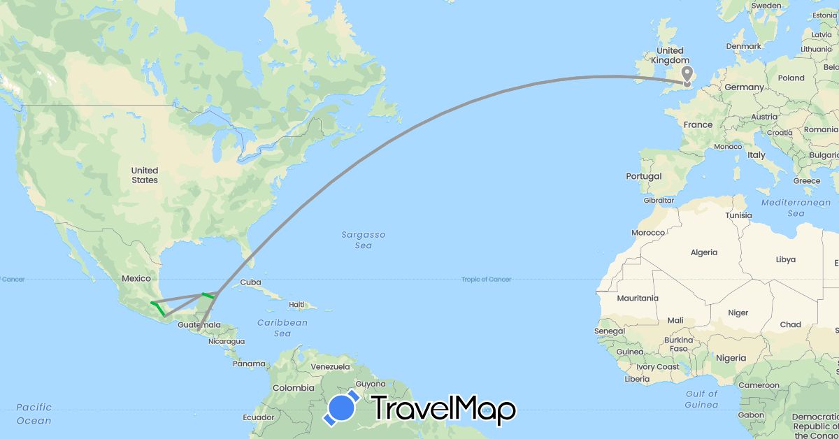 TravelMap itinerary: driving, bus, plane in United Kingdom, Guatemala, Mexico (Europe, North America)